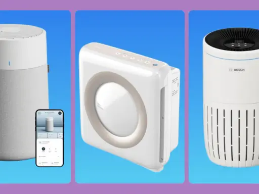 Tres purificadores de aire modernos, uno gris con app móvil, uno blanco cuadrado y uno blanco Bosch. Descubre para qué sirve un purificador de aire.