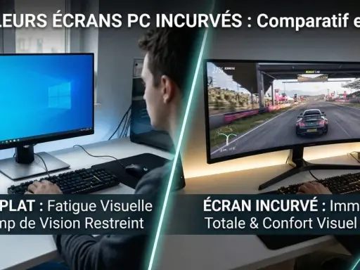 Comparaison d'un écran plat PC et d'un écran incurvé PC. Le plat est moins immersif, l'incurvé offre une meilleure immersion.
