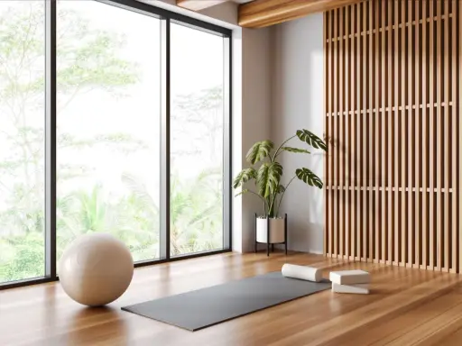 Ett ljust och luftigt yogarum hemma med stora fönster, en yogamatta, boll och en grön växt.