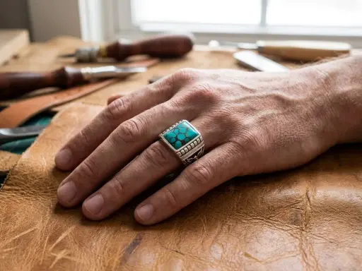 Anello uomo con pietra turchese, simbolo di protezione e saggezza.