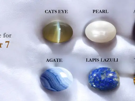 Sześć kamieni szlachetnych: kocie oko, perła, ametyst, agat, lapis lazuli, tygrysie oko, na białym tle.