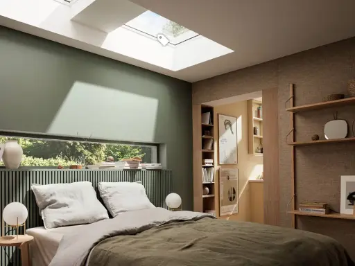 Chambre paisible avec mur vert sauge. Le vert s'harmonise avec le bois clair et le lin, créant une ambiance douce.