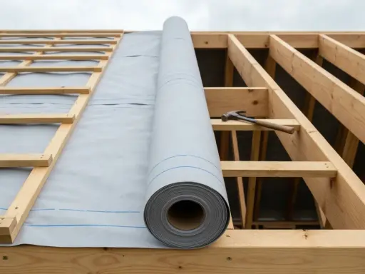 Rouleau de membrane HPV sur charpente de toit en bois. Un marteau est posé sur une poutre.