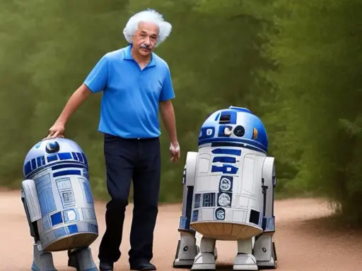 Albert Einstein pasea con dos droides R2-D2 por un camino rural. Una escena de ia realista.