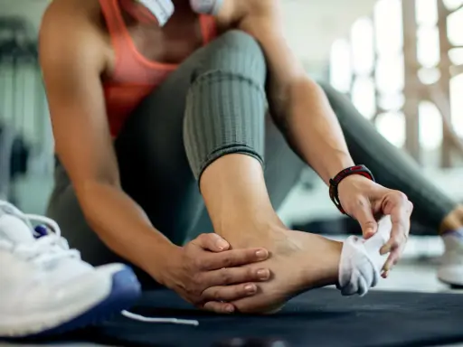 Kobieta w sportowym stroju masuje bolącą kostkę, obok leżą buty sportowe.