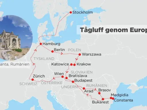 Karta över en tågluff genom Europa med stopp i Stockholm, Hamburg, Berlin, Warszawa, Wien, Budapest och Bukarest. Drömmer du om tågluffa Europa gratis 2024?