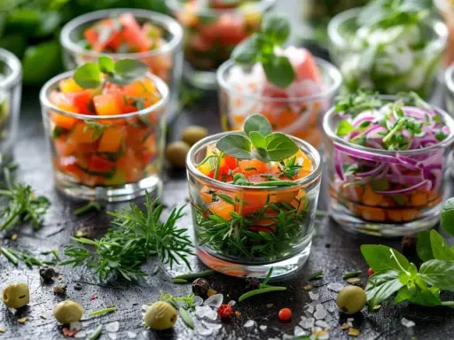 Petits verres de légumes colorés, parfaits pour une recette tapas gastronomique. Fraîcheur et couleurs vives pour un apéritif raffiné.