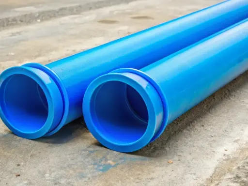 Dwie niebieskie rury PVC leżą na betonie. To idealna jaka rura do przyłącza wody, gotowa do montażu.