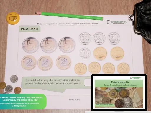 Zestaw do nauki liczenia polskie banknoty do wydruku dla dzieci. Plansza z monetami 5 zł, 2 zł, 20 gr, 10 gr, 5 gr.