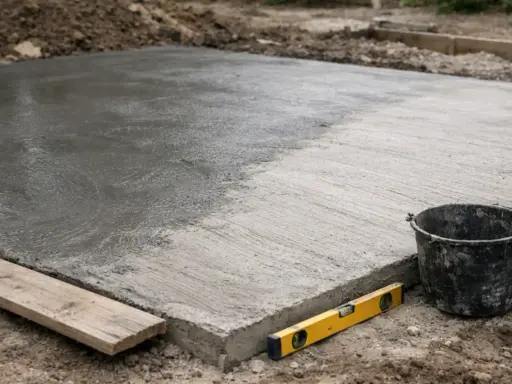 Świeżo wylany beton, widoczna różnica w wilgotności i fakturze. Narzędzia budowlane obok sugerują początek prac i testowanie wytrzymałości betonu po 1 dniu.
