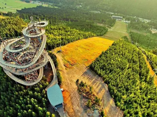 Drewniana ścieżka w koronach drzew w Czechach, przypominająca spiralny sky bridge, otoczona lasem i złotym polem.