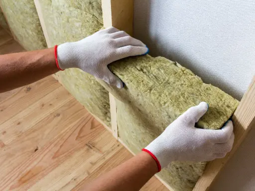 Pose d'isolant en laine de roche dans une structure en bois. Une bonne isolation intérieure et extérieure prévient le point de rosée.