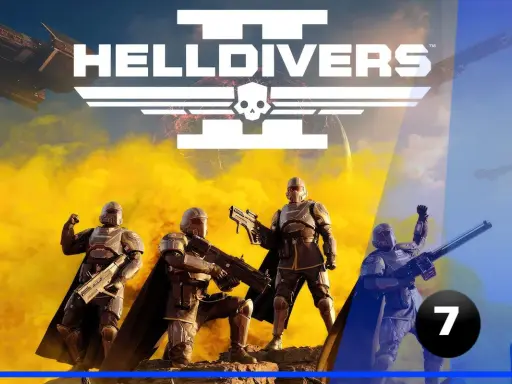 Żołnierze w zbrojach z gry Helldivers 2 pozują z bronią na tle kosmicznej mgławicy i statków.