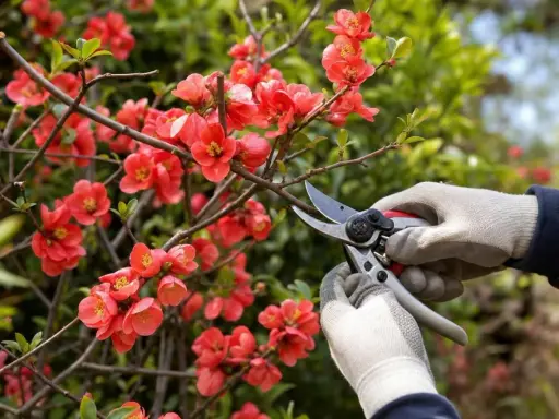 Gants blancs et sécateur pour la taille d'un cognassier du Japon aux fleurs rouges éclatantes.