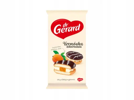 Opakowanie ciastek Dr Gerard Kremówka dekorowana z morelą i kremem.