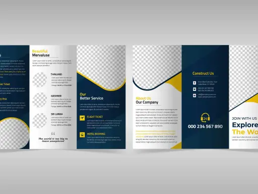 Ulotka turystyczna z ofertami podróży, informacjami o firmie i danymi kontaktowymi. Idealny papier na ulotki reklamowe.