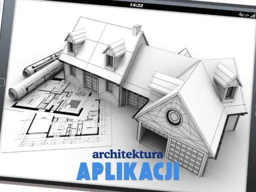 Na ekranie tabletu widok domu w szkicu, plany architektoniczne i tekst "architektura APLIKACJI".