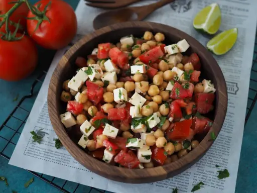 Ein köstlicher, **high protein salat** aus Kichererbsen, Tomaten und Feta in einer Holzschale, garniert mit Petersilie.