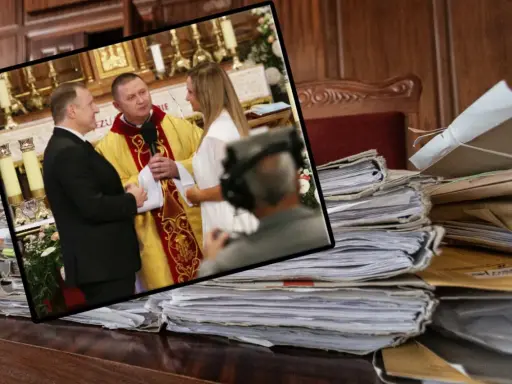 Kiedy można dostać rozwód kościelny? Para przed ołtarzem, ksiądz i sterty akt.