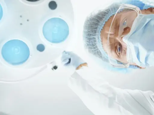 Chirurg w masce i okularach pochyla się nad pacjentem, przygotowując zalecenia po operacji prostaty.