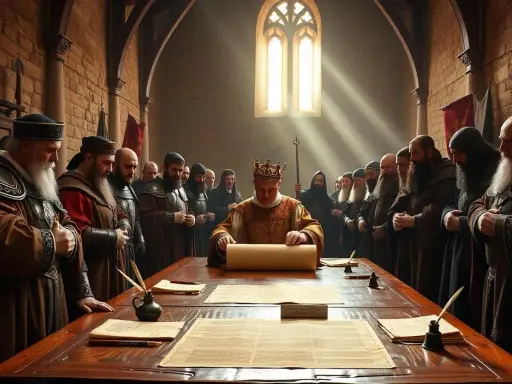 König mit Krone entrollt Schriftrolle, umgeben von Männern in mittelalterlicher Kleidung. Ein historischer Moment, der die magna carta bedeutung symbolisiert.