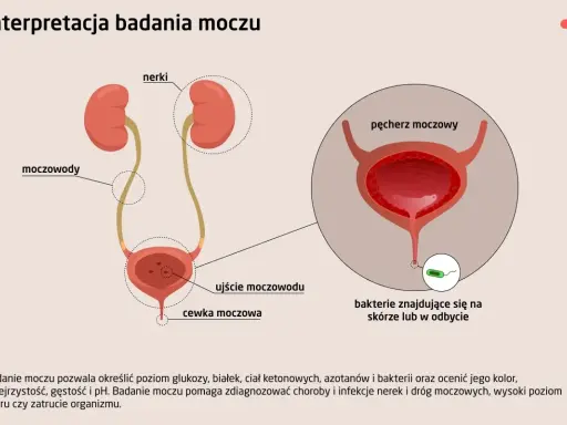 Ilustracja układu moczowego z zaznaczonymi nerkami, moczowodami i pęcherzem. Widoczne bakterie pałeczki w moczu, mogące świadczyć o infekcji.