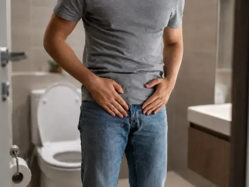 Mężczyzna w łazience, trzymający się za podbrzusze, szuka ulgi od pieczenia przy oddawaniu moczu.
