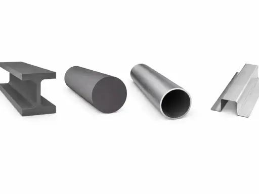 Perfiles laminados de acero: viga I, barra maciza, tubo y perfil en U.
