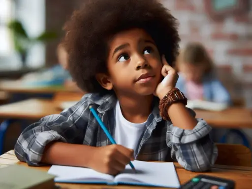 Niño con gran afro, sentado en un pupitre, con la mano en la barbilla, pensando. Parece que a mi hijo se le olvida lo que aprende.