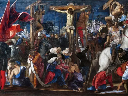La Crucifixion, chef-d'œuvre du Tintoret, dépeint la scène dramatique avec une foule intense et des figures expressives.