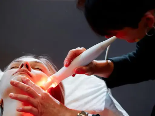 Une esthéticienne utilise un appareil Bloomea pour un soin du visage à la lumière rouge sur une cliente allongée.