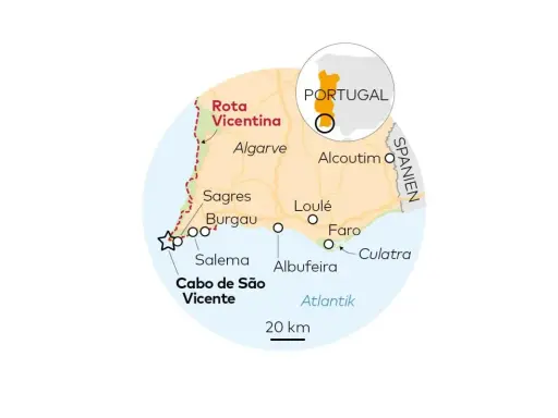 Karte der Algarve in Portugal. Albufeira liegt östlich von Salema und westlich von Faro am Atlantik.