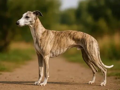 Un élégant lévrier whippet tigré se tient sur un chemin de terre, le regard tourné vers l'horizon.