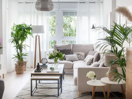 Salón acogedor con rincones decorar con plantas. Sofá beige, mesas de centro de madera y alfombra geométrica.