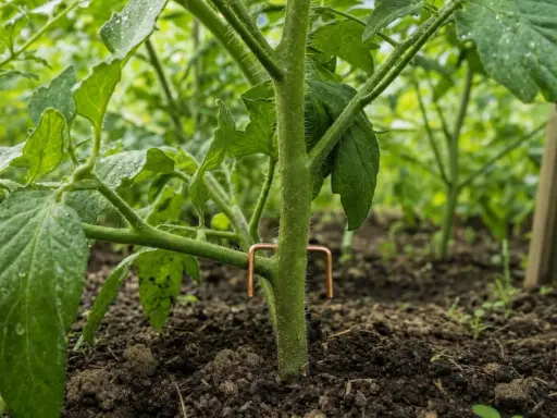 Un fil de cuivre en forme de U soutient la tige d'une plante de tomate, l'aidant à grandir.