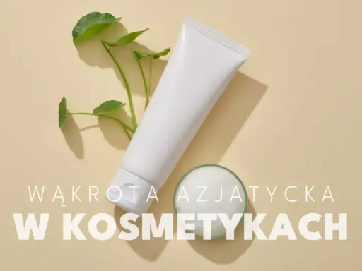Biała tubka kosmetyku i gałązka z listkami, obok małe naczynie z pianą. Wąkrota azjatycka w kosmetykach.