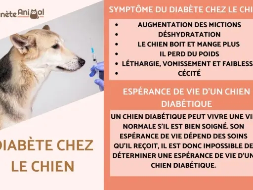 Un chien regarde une seringue, les symptômes du diabète canin incluent la soif accrue et la perte de poids.