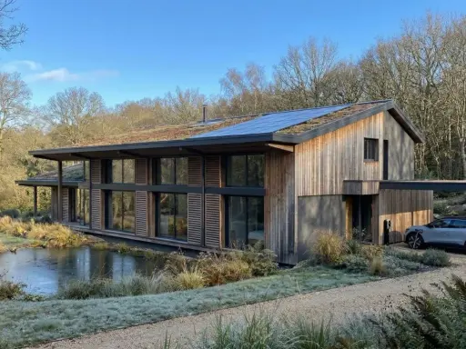 Une maison écologique moderne avec un toit végétalisé et des panneaux solaires, nichée près d'un étang gelé.
