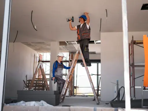 Dwaj budowlańcy pracują przy suficie. Czy jest ulga na remont mieszkania?