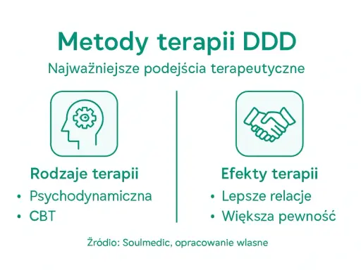 Metody terapii DDD: psychodynamiczna, CBT. Efekty: lepsze relacje, większa pewność. Programowanie DDD.