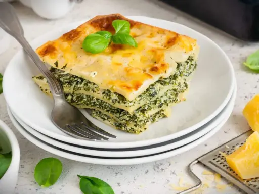 Ein Stück Spinatlasagne mit Käse überbacken, garniert mit Basilikum, auf einem Teller mit einer Gabel.