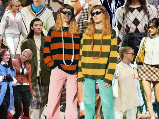 Kolekcja ubrań w stylu preppy: swetry w paski, romby, kraciaste spódniczki i marynarki.