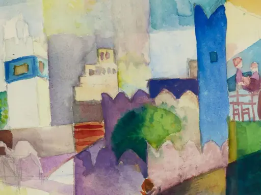 August Macke Tunisreise: Aquarell einer Stadtansicht mit Türmen, Mauern und Figuren. Farbenfrohe Darstellung nordafrikanischer Architektur.