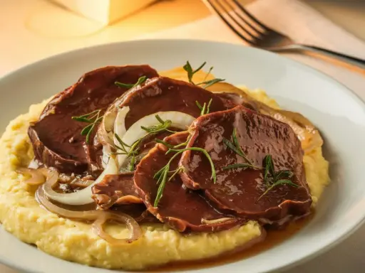 Fette di carne brasata su polenta cremosa, guarnite con cipolle caramellate e rosmarino. Un classico tra i piatti tipici veneti.