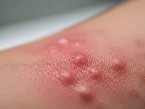 Pelle arrossata con vescicole, un esempio di dermatite da stasi. Si cercano rimedi della nonna per alleviare il prurito e l'infiammazione.