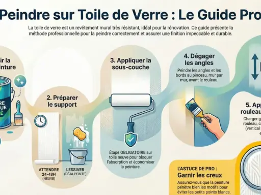 Guide étape par étape pour peindre sur toile de verre. Illustration montrant la préparation, l'application de sous-couche et de peinture avec rouleau et pinceau.