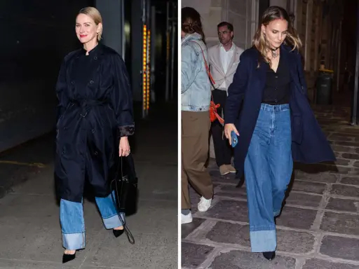 Naomi Watts i Natalie Portman w szerokich jeansach z podwijaniem spodni, obie w eleganckich płaszczach.
