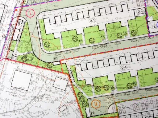 Plan zagospodarowania terenu z zaznaczonymi strefami zabudowy, zielenią, drogami i parkingami. Widoczne numery działek i oznaczenia budynków.