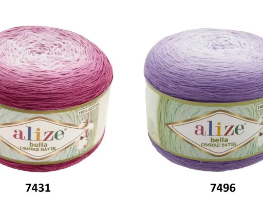 Dwa motki włóczki Alize Bella Ombre Batik: jeden w odcieniach różu, drugi fioletu. Idealne do letnich projektów.