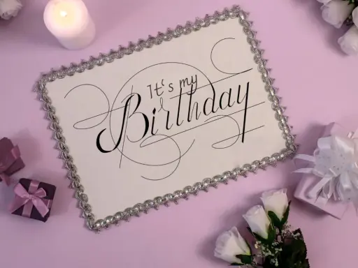 Eleganckie zaproszenie na urodziny w stylu savoir vivre. Biała kartka z ozdobnym napisem "It's my Birthday", otoczona prezentami i świecą.